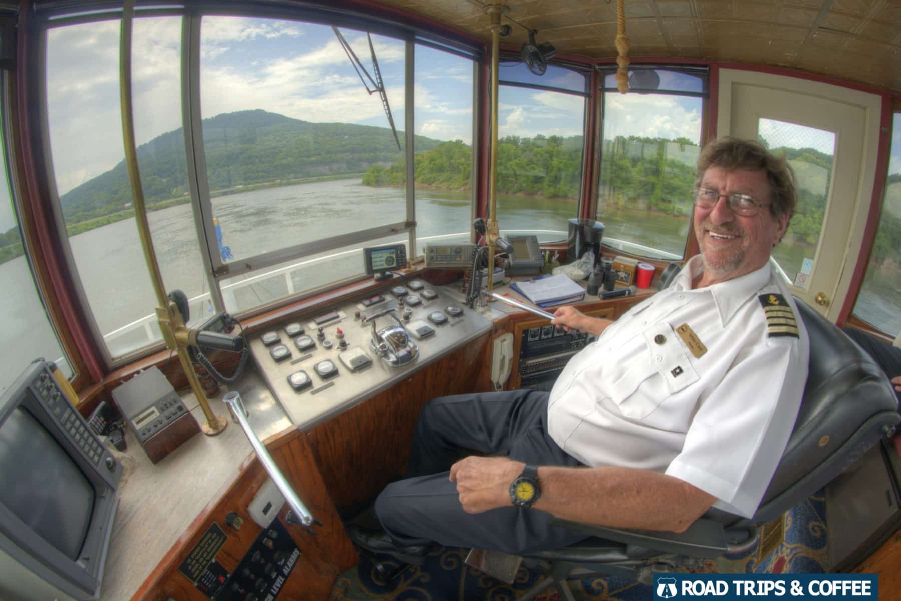 A beautiful view of Lookout Mountain from the bridge of the Southern Belle Riverboat during a tour on the Tennessee River in Chattanooga, Tennessee
