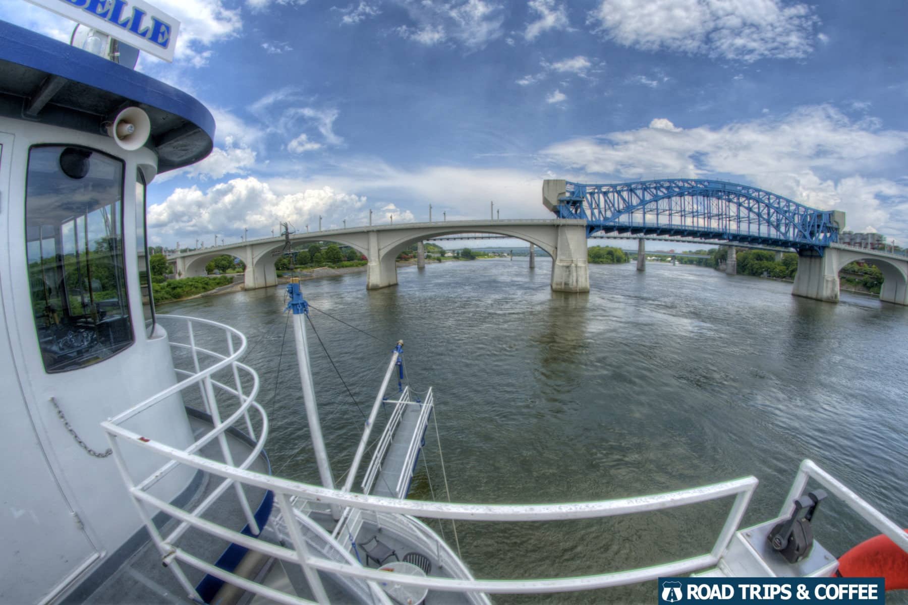 View of the bridges on the Southern Belle Riverboat during a tour on the Tennessee River in Chattanooga, Tennessee