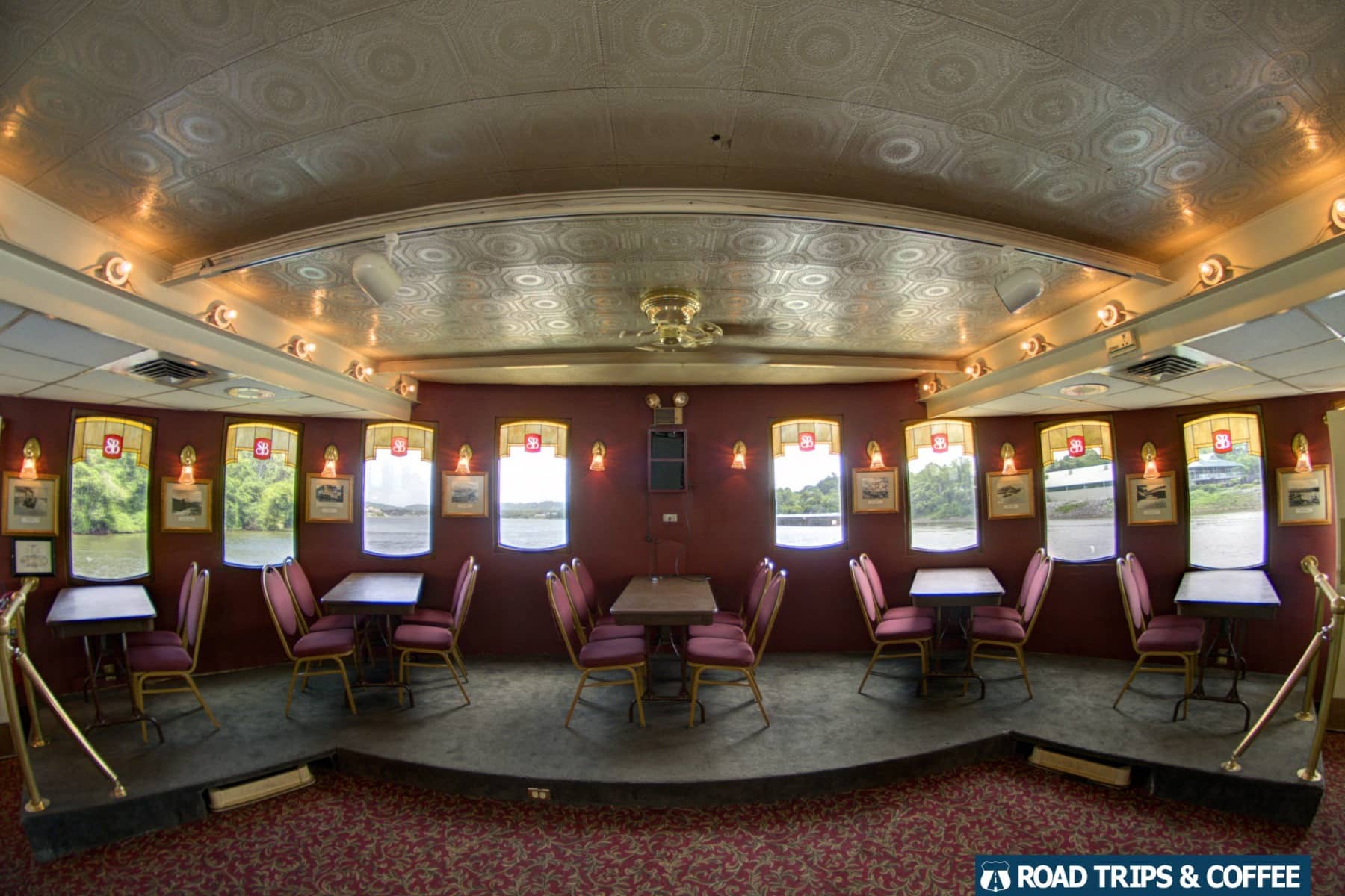 Comfortable indoor seating on the Southern Belle Riverboat during a tour on the Tennessee River in Chattanooga, Tennessee