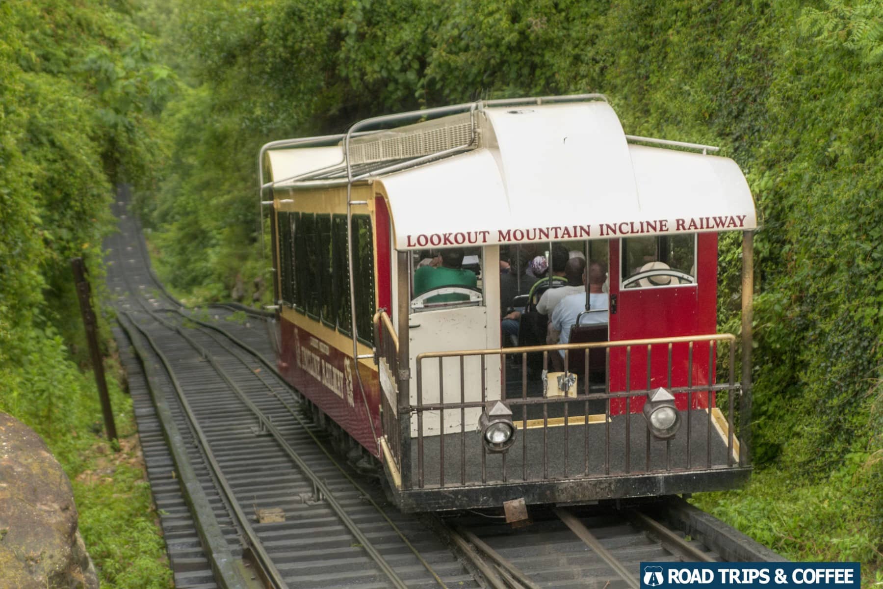 The steep railroad tracks on the Lookout Mountain Incline Railway in Chattanooga, Tennessee