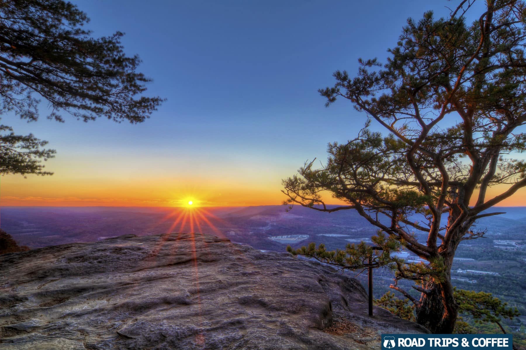 A warm sunset on a rocky outcropping at Sunset Rock on Lookout Mountain Chattanooga, Tennessee
