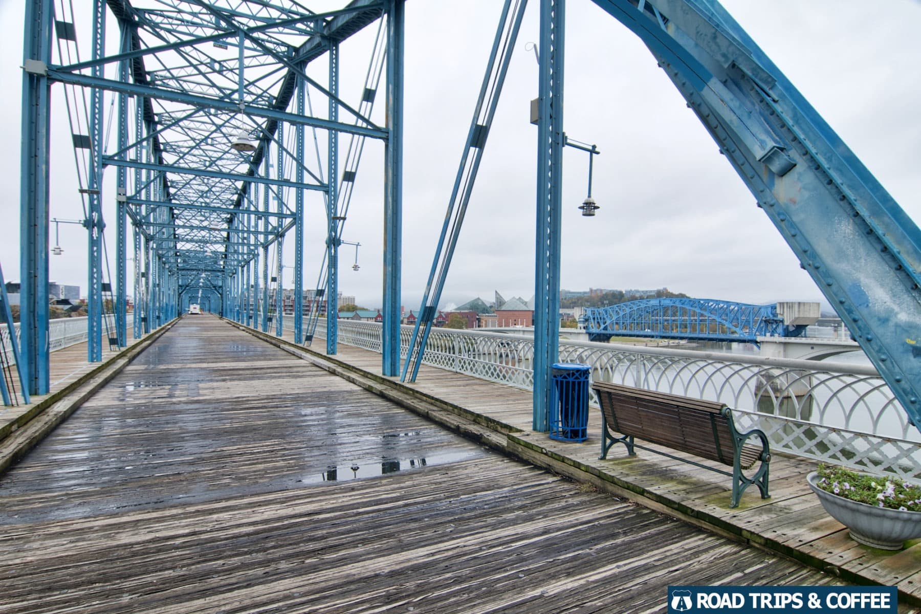 The blue steel frame of the Walnut Street Bridge in Chattanooga, Tennessee