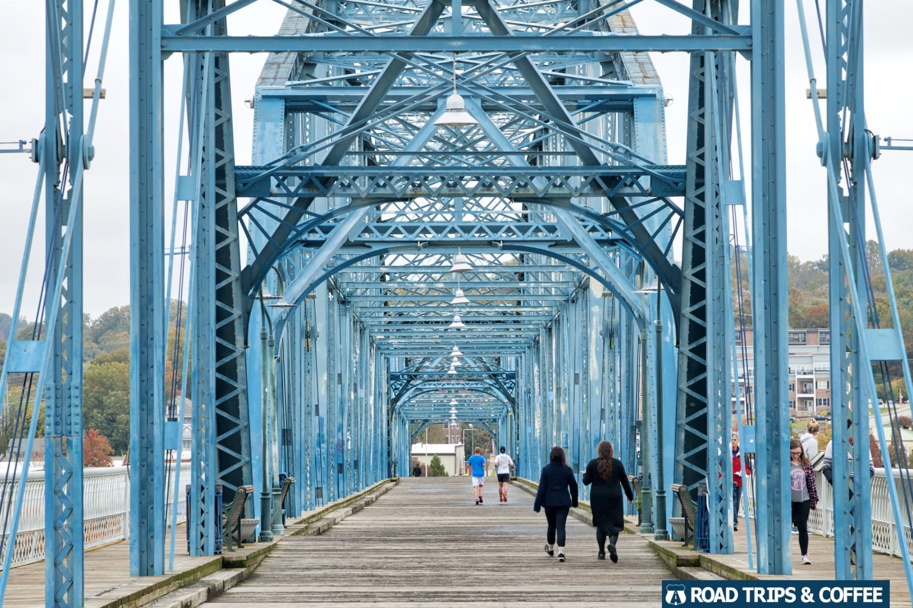 The blue steel and wooden boardwalk Walnut Street Bridge in Chattanooga, Tennessee