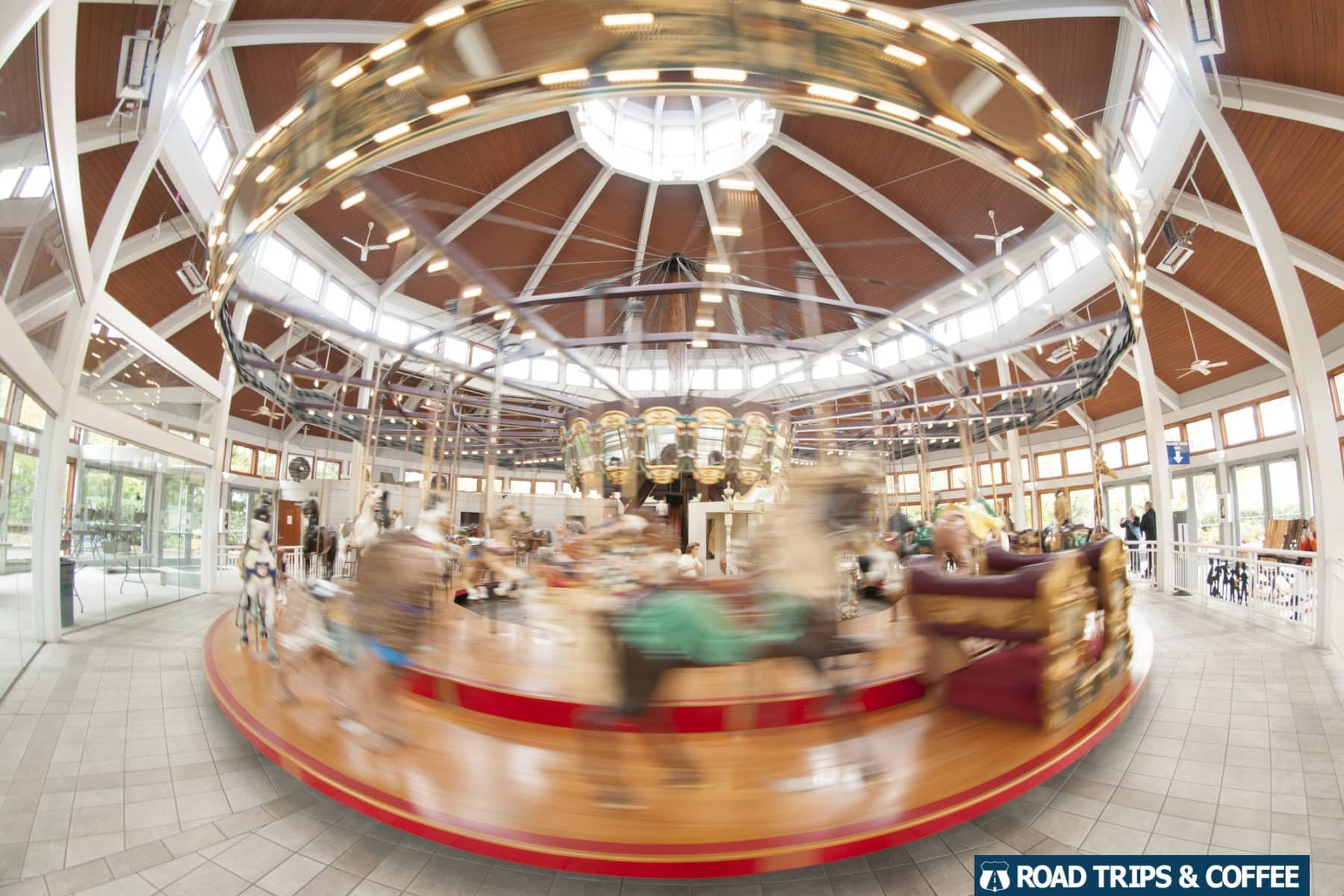 The historic Coolidge Park Antique Carousel spins round and round in Chattanooga, Tennessee